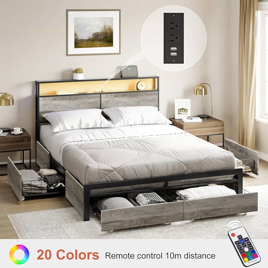 Zahusmページ Amazon.com: HAUSOURCE Queen Bed Frame with Storage Headboard